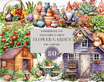 Watercolor Gardening Clipart, Vegetables Clipart, Fruit Clipart, Potted Plants, Garden Clipart, Cottagecore, Flower Garden, Commercial Use