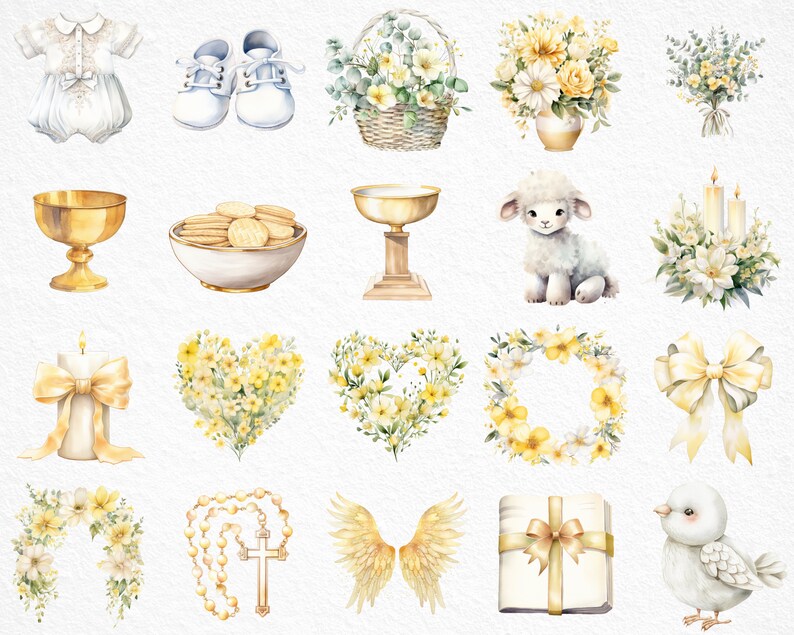 Watercolor First Communion Clipart, Pastel Yellow, Baptism Clipart ...