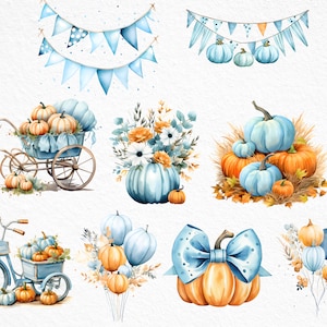 May include: Watercolor illustrations of blue and orange pumpkins with fall foliage, a wagon full of pumpkins, a bicycle with a basket of pumpkins, a bouquet of flowers with a pumpkin, and a pumpkin with a blue bow.