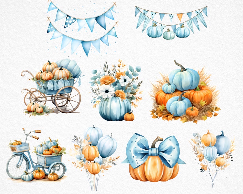 May include: Watercolor illustrations of blue and orange pumpkins with fall foliage, a wagon full of pumpkins, a bicycle with a basket of pumpkins, a bouquet of flowers with a pumpkin, and a pumpkin with a blue bow.