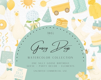 Clipart de cumpleaños de ganso en acuarela, PNG de un ganso divertido, decoración de cumpleaños azul y amarilla, guardería estilo cottagecore, clip art para fiesta de baby shower