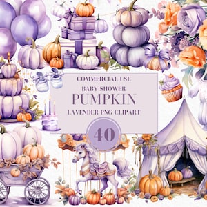 Puede incluir: Un conjunto de 40 ilustraciones de acuarela con un esquema de color lavanda y naranja. Las ilustraciones incluyen calabazas, un carrusel, una tienda de campaña, un cochecito, una magdalena, un body de bebé y un ramo de flores. El texto "COMMERCIAL USE BABY SHOWER PUMPKIN LAVENDER PNG CLIPART 40" está incluido en la imagen.