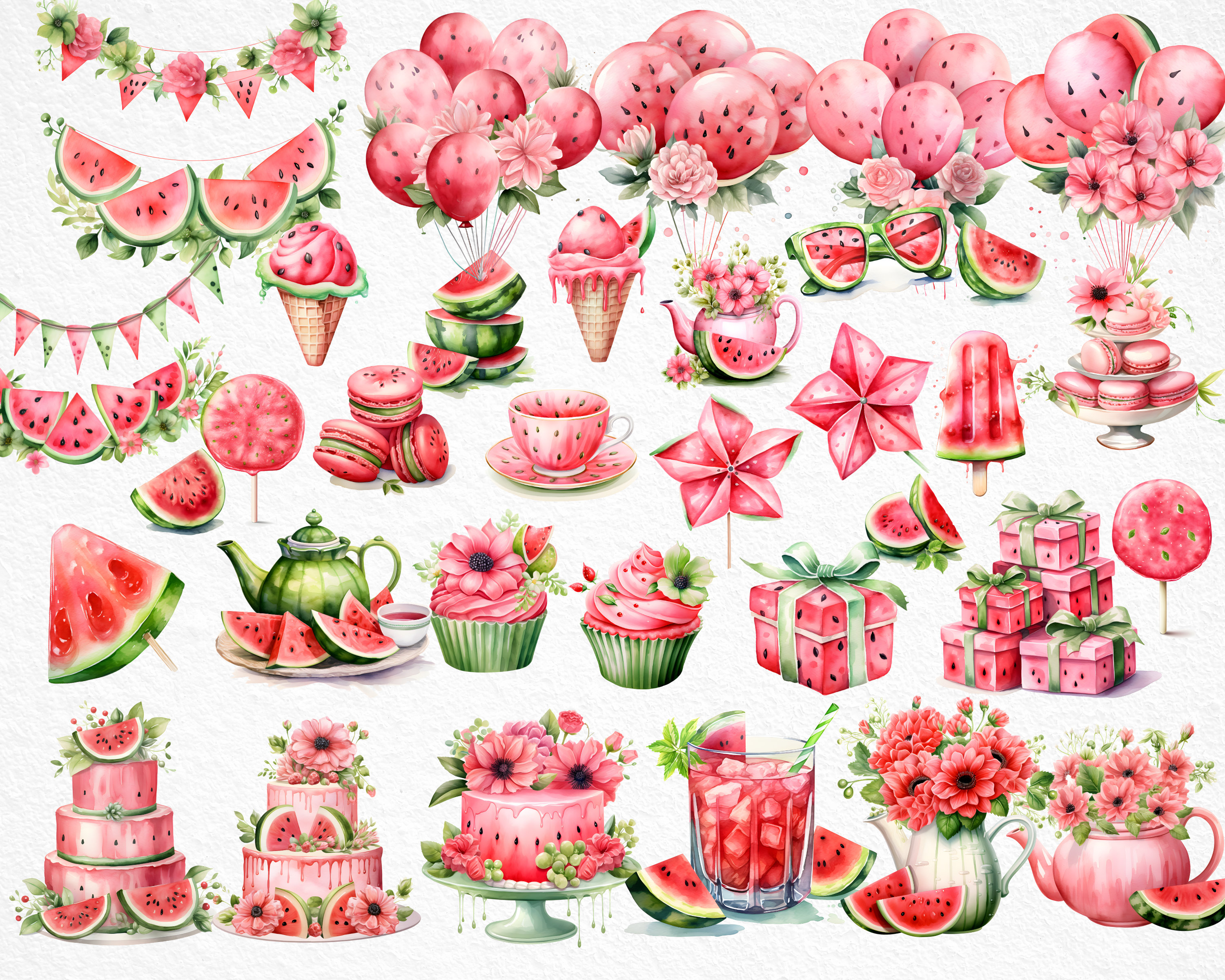Watercolor Pink Watermelon Clipart, Pink Watermelon Birthday, Pink