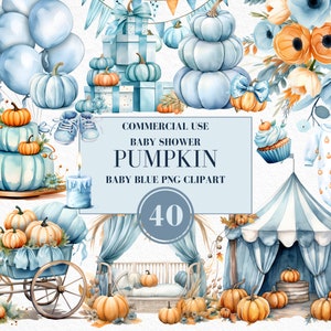 Watercolor Pumpkin Clipart for Boy, Watercolor Baby Shower Clipart, Blue Pumpkin Clipart, Autumn Farmhouse, Fall Clipart, Commercial Use