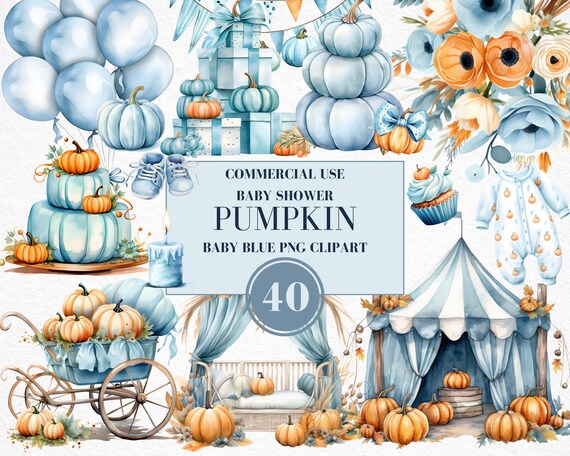 Watercolor Pumpkin Clipart for Boy, Watercolor Baby Shower Clipart, Blue Pumpkin Clipart, Autumn Farmhouse, Fall Clipart, Commercial Use