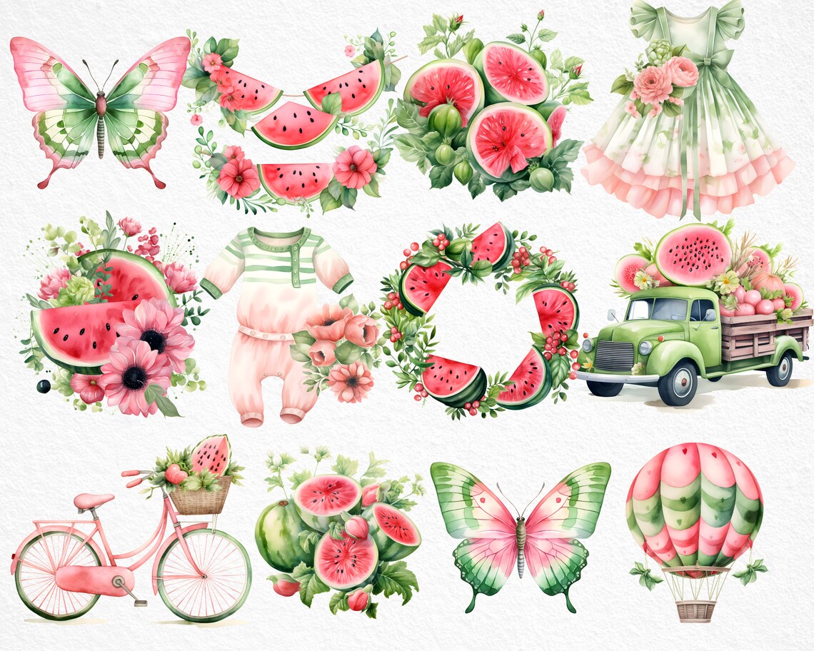 Watercolor Pink Watermelon Clipart, Pink Watermelon Birthday, Pink