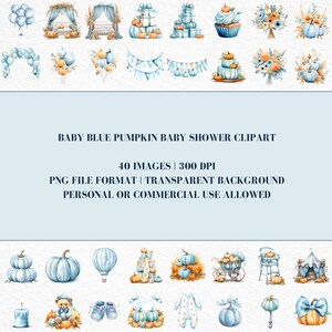 May include: A set of 40 digital clipart images featuring blue and orange pumpkins, balloons, baby clothes, and other baby shower decorations. The images are in PNG format with transparent backgrounds and are suitable for personal or commercial use.
