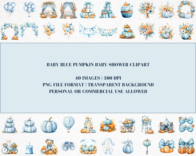 May include: A set of 40 digital clipart images featuring blue and orange pumpkins, balloons, baby clothes, and other baby shower decorations. The images are in PNG format with transparent backgrounds and are suitable for personal or commercial use.