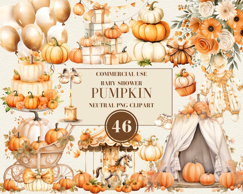 May include: A set of 46 watercolor illustrations featuring pumpkins, baby clothes, a cake, a carriage, a tent, a carousel, and balloons. The illustrations are in neutral colors and are perfect for baby shower invitations, cards, and other crafts.