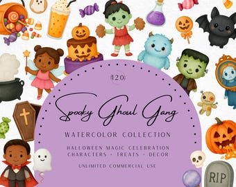 Clipart di Halloween ad acquerello, graziosi costumi di Halloween per bambini, fantasmi, streghe, vampiri e mostri, illustrazioni spettrali di Halloween, uso commerciale