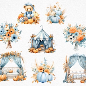 May include: A set of watercolor illustrations featuring a blue and white striped tent, a teddy bear with a blue bow tie, a crib with a blue canopy, and bouquets of flowers with orange and blue accents. The illustrations are perfect for a baby shower or nursery decor.