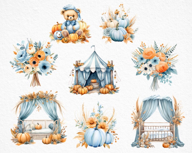May include: A set of watercolor illustrations featuring a blue and white striped tent, a teddy bear with a blue bow tie, a crib with a blue canopy, and bouquets of flowers with orange and blue accents. The illustrations are perfect for a baby shower or nursery decor.