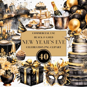 Watercolor New Year&#39;s Eve Clipart, NYE Clipart, New Year&#39;s Eve Party, Black & Gold Party, Celebration, NYE Party, New Year&#39;s, Commercial Use