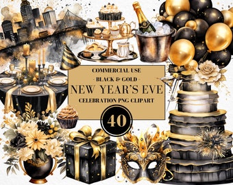 Watercolor New Year's Eve Clipart, NYE Clipart, New Year's Eve Party, Black & Gold Party, Celebration, NYE Party, New Year's, Commercial Use