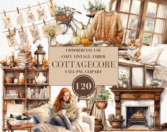 Cottagecore Aquarell Clipart, Vintage Cottagecore, Herbst Clipart, gemütliche Clipart, Cottagecore Clipart, Bauernhaus, Blumen, kommerzielle Nutzung
