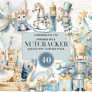 May include: A watercolor illustration featuring a powder blue Nutcracker ballet PNG clipart pack. The image includes a variety of elements such as a mouse, a castle, a swan, a Christmas tree, and a nutcracker soldier. The text "Nutcracker Ballet PNG Clipart Pack" is visible.