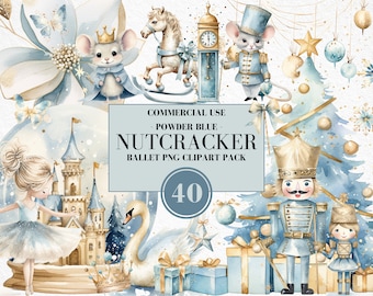 Watercolor Nutcracker Ballet Clipart, Nutcracker Christmas, Ballerina, Clara, Sugar Plum Fairy, Mouse King, Powder Blue, Commercial Use