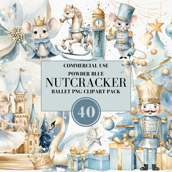 Watercolor Nutcracker Ballet Clipart, Nutcracker Christmas, Ballerina, Clara, Sugar Plum Fairy, Mouse King, Powder Blue, Commercial Use