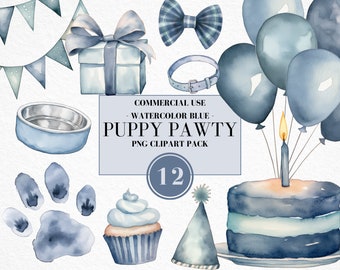 Watercolor Blue Puppy Pawty Clipart, Puppy Dog Party, Puppy Birthday, Sweet Puppy, Puppy Accessories, Paws, Birthday Dogs, Commercial Use