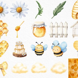 May include: Watercolor illustrations of daisies, honeycombs, honey, bees, and a beehive. The image features a heart-shaped honeycomb, a tiered cake, and a yellow bow. The color palette includes yellow, white, and green.