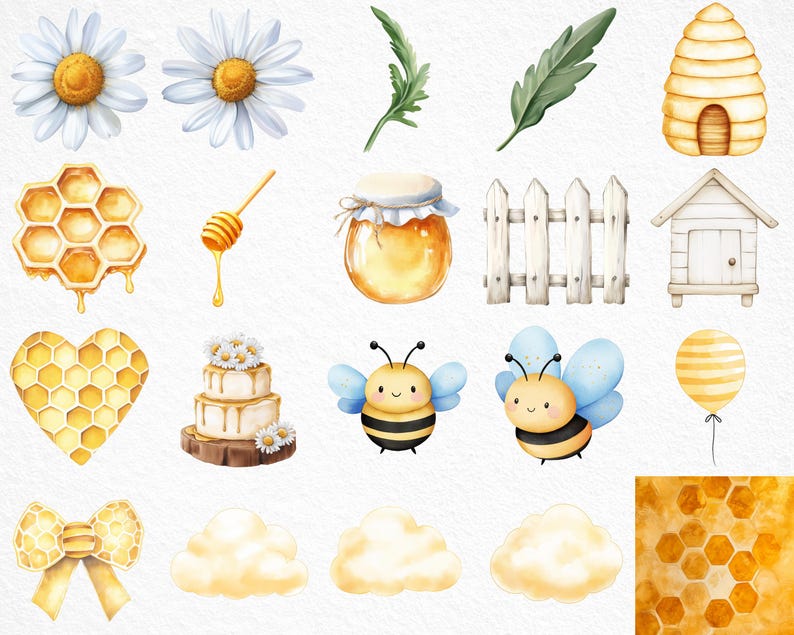 May include: Watercolor illustrations of daisies, honeycombs, honey, bees, and a beehive. The image features a heart-shaped honeycomb, a tiered cake, and a yellow bow. The color palette includes yellow, white, and green.