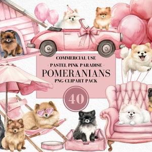 Watercolor Pink Paradise Pomeranian Clipart, Sweet Puppy, Pomeranians, Poms, Pom Party, Dog Accessories, Paws, Birthday Dogs, Commercial Use