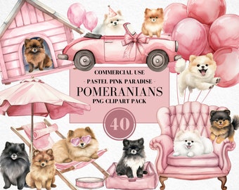 Watercolor Pink Paradise Pomeranian Clipart, Sweet Puppy, Pomeranians, Poms, Pom Party, Dog Accessories, Paws, Birthday Dogs, Commercial Use