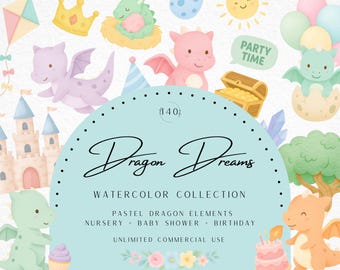 Clipart de acuarela de cumpleaños de dragón, bebé dragón pastel PNG, decoración de fiesta de cuento de hadas, castillo, globos, fuego, arte infantil, uso comercial