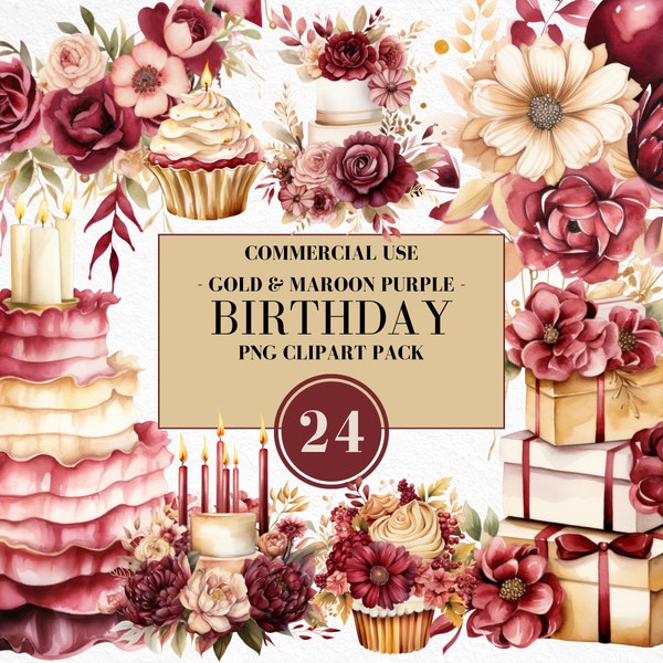 Watercolor Maroon & Gold Birthday Clipart, Watercolor Birthday Clipart, Boho Floral Elements, Bohemian Birthday, Commercial Use