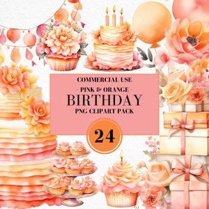 Watercolor Pink & Orange Birthday Clipart, Watercolor Birthday Clipart, Boho Floral Elements, Boho Party, Bohemian Birthday, Commercial Use