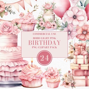 Watercolor Light Pink Birthday Clipart, Watercolor Birthday Clipart, Boho Floral Elements, Boho Party, Bohemian Birthday, Commercial Use