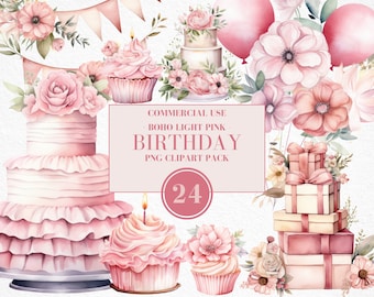 Watercolor Light Pink Birthday Clipart, Watercolor Birthday Clipart, Boho Floral Elements, Boho Party, Bohemian Birthday, Commercial Use