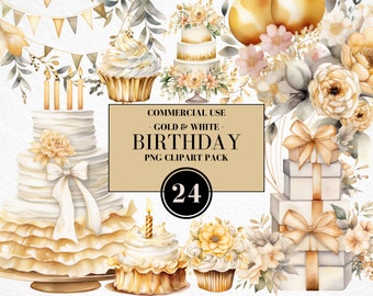Watercolor Gold & White Birthday Clipart, Watercolor Birthday Clipart, Boho Floral Elements, Boho Party, Bohemian Birthday, Commercial Use