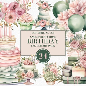 Aquarelle sauge & vieux rose anniversaire clipart, clipart aquarelle anniversaire, éléments floraux bohèmes, anniversaire bohème, usage Commercial