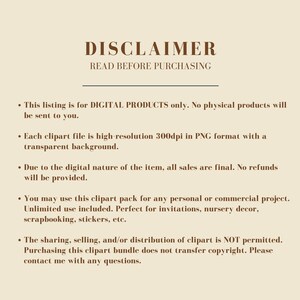 May include: Disclaimer text on a beige background with brown text. The text reads: "DISCLAIMER READ BEFORE PURCHASING" followed by five bullet points describing the terms of use for digital products.
