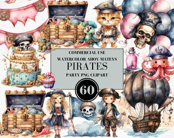 Watercolor Pirates Clipart, Watercolor Pirate Birthday Party Clipart, Cute Pirate Kids Clipart, Pirate Party, Ahoy Mateys, Commercial Use