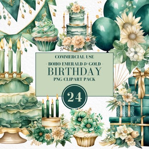 Watercolor Emerald & Gold Birthday Clipart, Watercolor Birthday Clipart, Boho Floral Elements, Boho Party, Bohemian Birthday, Commercial Use