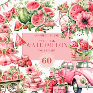 Watercolor Pink Watermelon Clipart, Pink Watermelon Birthday, Pink Watermelon Party, Summer Party, Watermelon Clipart, Commercial Use