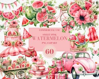 Watercolor Pink Watermelon Clipart, Pink Watermelon Birthday, Pink Watermelon Party, Summer Party, Watermelon Clipart, Commercial Use