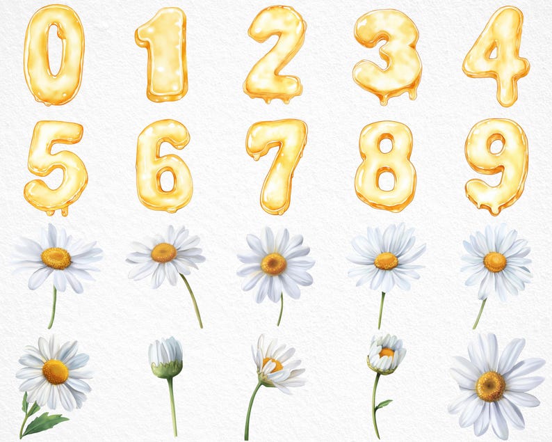 May include: Watercolor illustration featuring golden balloon numbers 0-9 and white daisies with yellow centers. The numbers have a glossy, dripping effect. The daisies are in various stages of bloom, with green stems and leaves.
