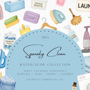 Watercolor Cleaning Clipart, Maid Tools, Housekeeping Chores, Laundry Room Decor, Cleaning Supplies, Spring Clean, Cleaning, Commercial Use