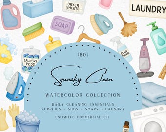 Watercolor Cleaning Clipart, Maid Tools, Housekeeping Chores, Laundry Room Decor, Cleaning Supplies, Spring Clean, Cleaning, Commercial Use