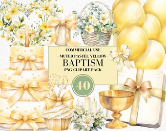 Watercolor First Communion Clipart, Pastel Yellow, Baptism Clipart, Christening, Floral Cross, Bible, Religion, Rosary, Commercial Use