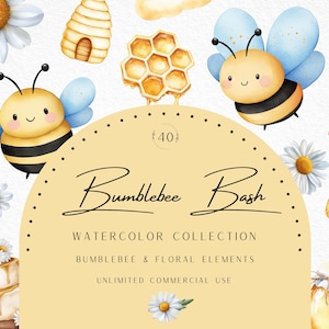 May include: Watercolor illustration featuring bees, daisies, honeycombs, and a beehive. The text reads "Bumblebee Bash" and "Watercolor Collection". The design includes floral elements and is for unlimited commercial use.