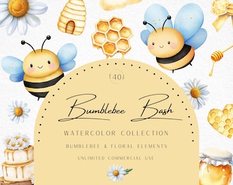 Watercolor Bumblebee Clipart, Bee Birthday, Kawaii Bee, Sweet As Honey, Honey Bee, Beehive, Cute Bees, Baby Bee, Daisy, Commercial Use
