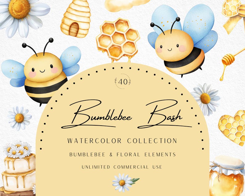 May include: Watercolor illustration featuring bees, daisies, honeycombs, and a beehive. The text reads "Bumblebee Bash" and "Watercolor Collection". The design includes floral elements and is for unlimited commercial use.
