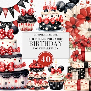 Watercolor Red & Black Polka Dot Birthday Clipart, Watercolor Birthday Clipart, Twoodles, Mouse Birthday, Boho Floral Polka, Commercial Use
