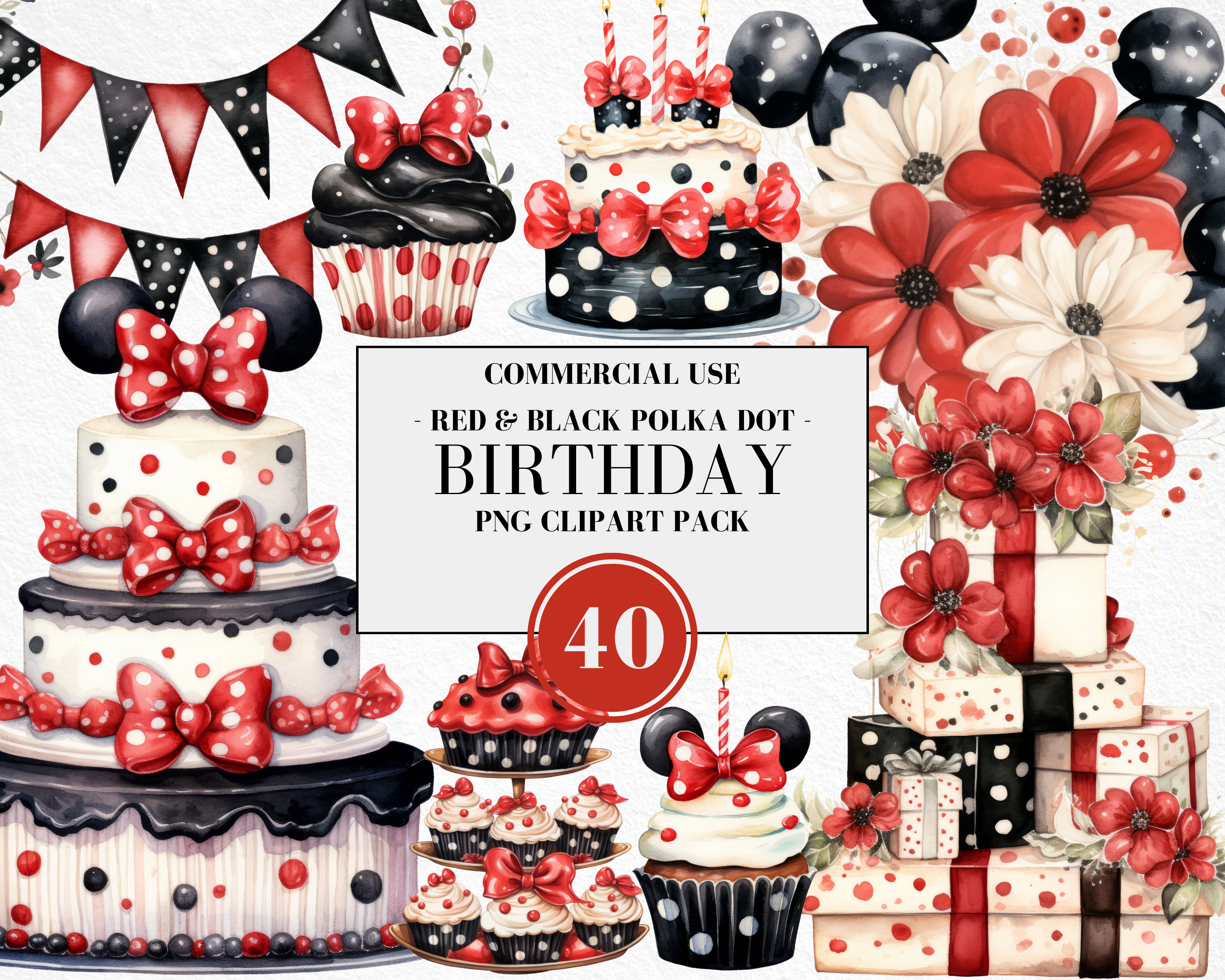 Watercolor Red & Black Polka Dot Birthday Clipart, Watercolor Birthday ...