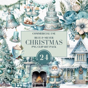 Clipart de Natal em aquarela, Natal azul e prateado, Natal vintage, Clipart de festa de Natal, Natal Cottagecore, Uso comercial