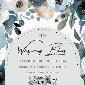 Dusty Blue Watercolor Floral Clipart, Winter Florals, Dusty Blue Floral, Floral Bouquets, Blue Flower Arrangement, Floral, Commercial Use
